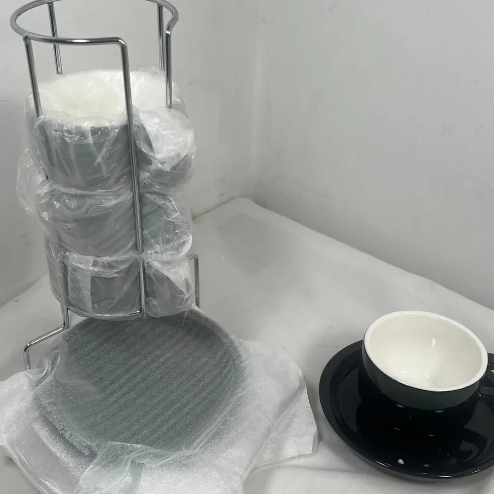 SweeJar 4 oz Espresso Cup & Saucer Set Stackable Porcelain Metal Stand Black